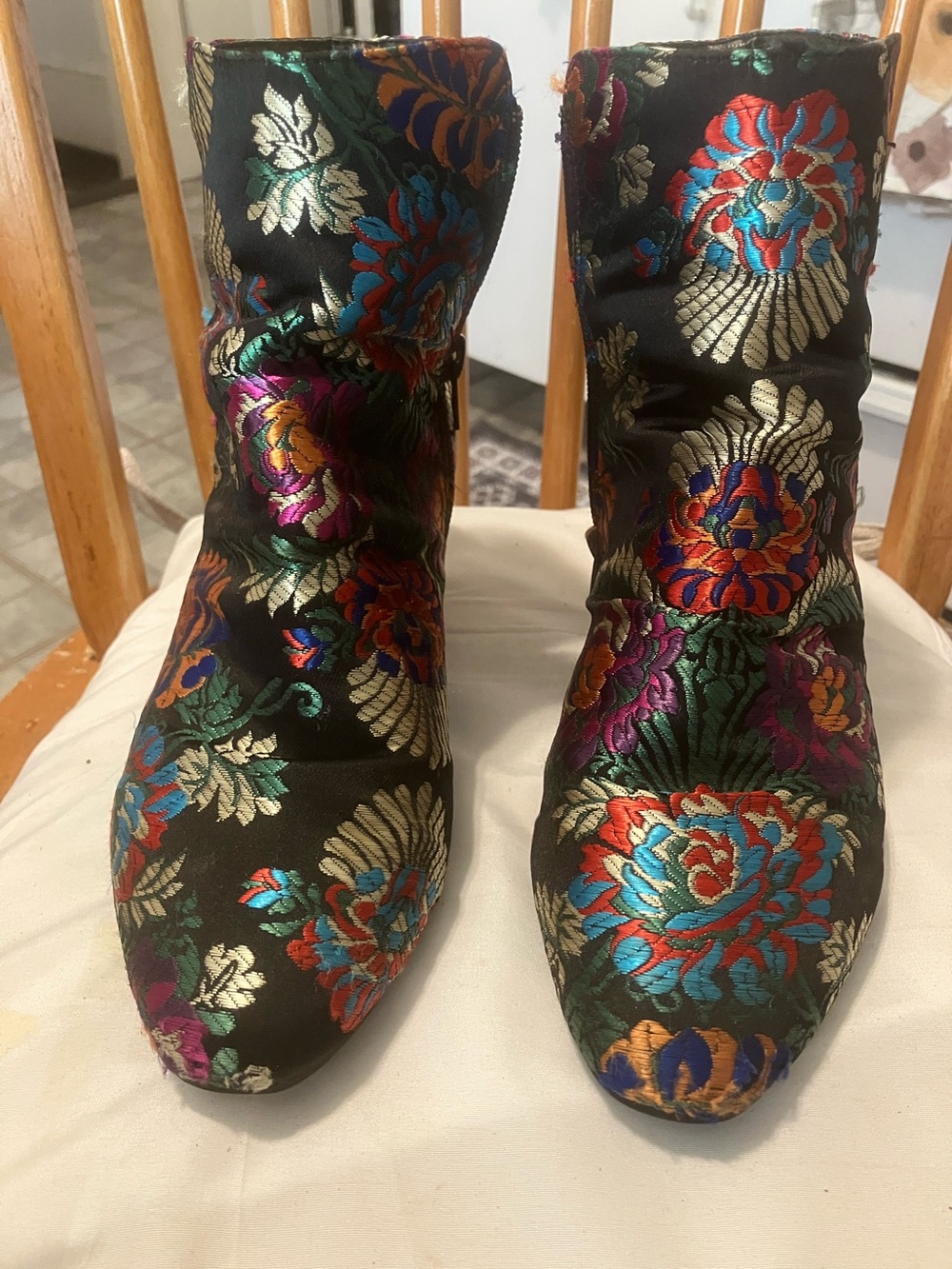 Great find.  Unique satin -floral brocade ankle boots with side zippers